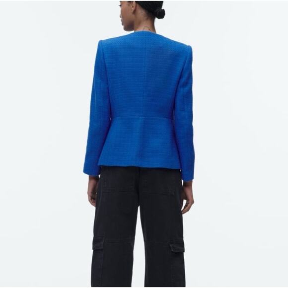 Zara Textured Blue Blazer Jacket Gold Buttons Hook Eye Closure Cotton Medium - Picture 4 of 16